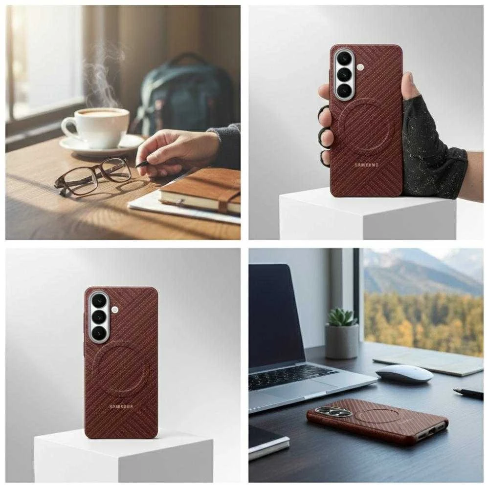 KS947SR anglies pluošto magnetinis dėklas „Samsung Galaxy S26 Plus“, koralų spalvos, raudonas