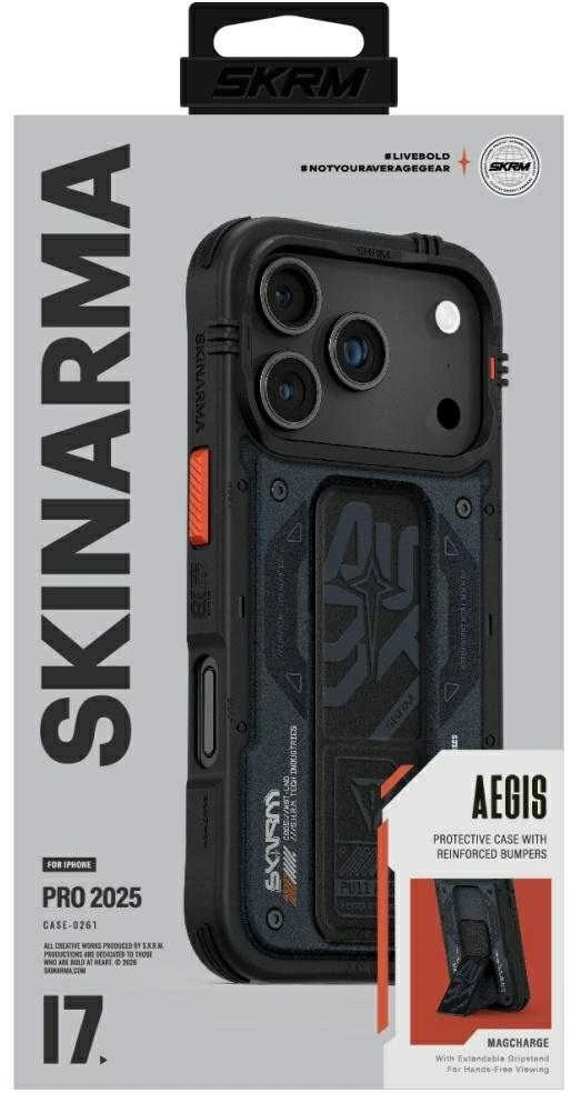 Skinarma „Aegis“ dėklas, skirtas „iPhone 17 Pro“, magnetinis įkrovimas ir laikiklis, tamsiai mėlynas