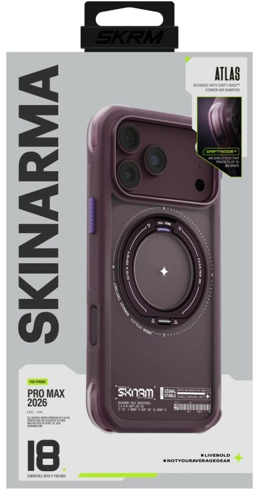Dėklas Skinarma Atlas MagSafe + Rotating Kick Stand do iPhone 18 Pro Max / 17 Pro Max bordo spalvos