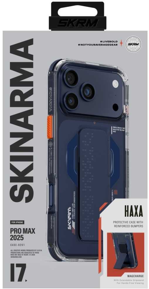 Dėklas Skinarma Haxa Apple iPhone 17 Pro Max Magnetic Charging + Grip Stand mėlynas