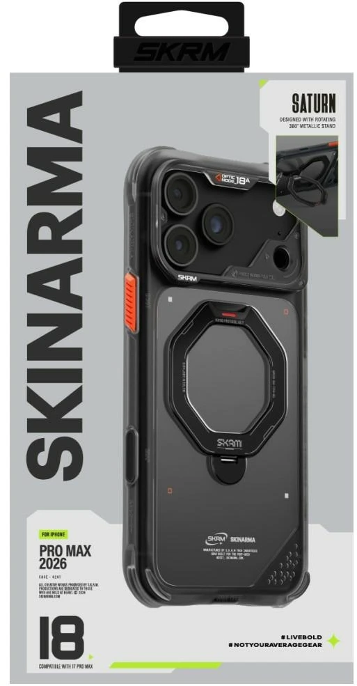 Dėklas Skinarma Saturn MagSafe + Rotating Kick Stand do iPhone 18 Pro Max / 17 Pro Max juoda