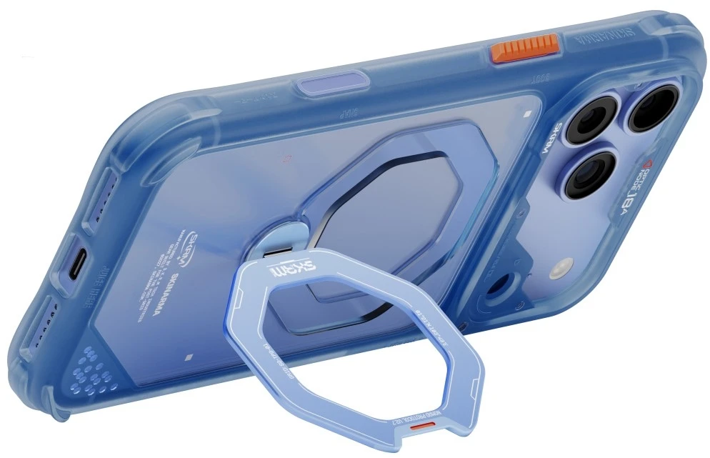 Dėklas Skinarma Saturn MagSafe + Rotating Kick Stand do iPhone 18 Pro / 17 Pro mėlyna