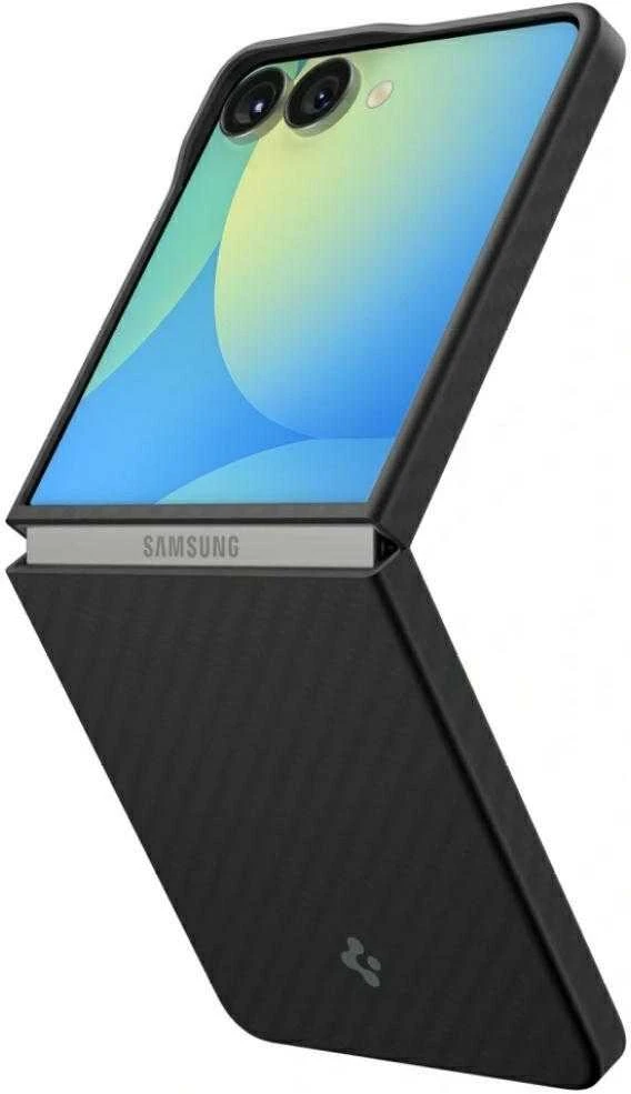 Juodas (Aramid) dėklas Samsung Galaxy Z Flip 7 telefonui „Spigen Airskin”