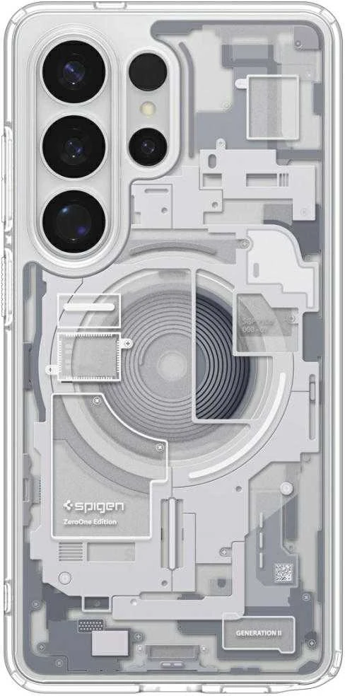 Spigen Ultra Hybrid Mag MagSafe dėklas skirtas Samsung Galaxy S26 Ultra Zero One – Clear and Baltas