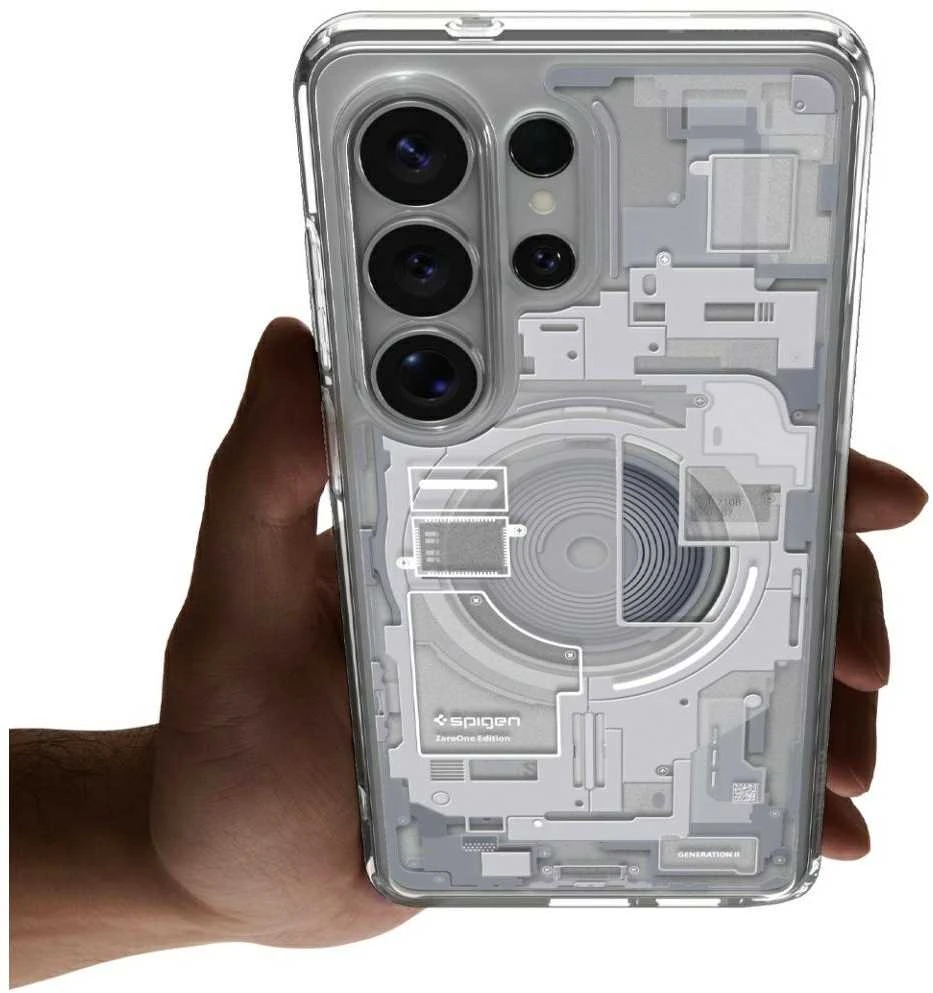Spigen Ultra Hybrid Mag MagSafe dėklas skirtas Samsung Galaxy S26 Ultra Zero One – Clear and Baltas