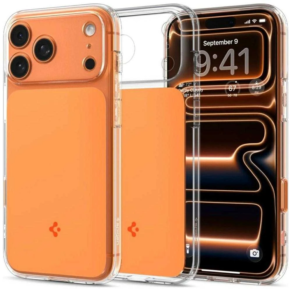 „Spigen Thin Fit MagSafe“ dėklas, skirtas „iPhone 17 Pro“ – permatomas oranžinis