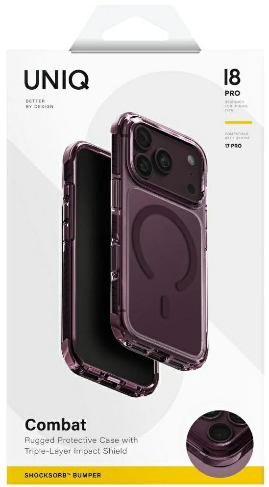 Dėklas UNIQ Combat, skirtas iPhone 18 Pro / 17 Pro, su Magclick Charging funkcija, burgundo spalvos