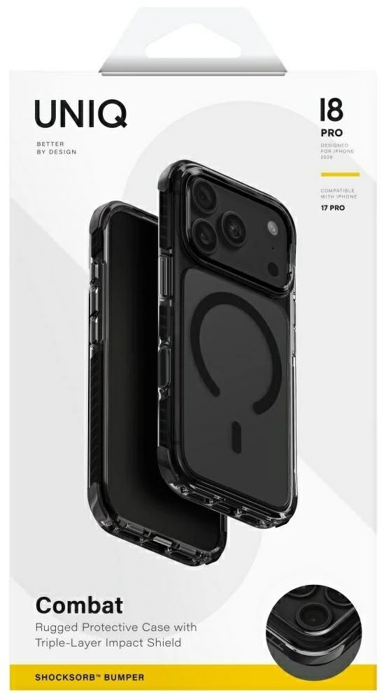UNIQ Combat dėklas, skirtas iPhone 18 Pro / 17 Pro Magclick Charging, juodos spalvos