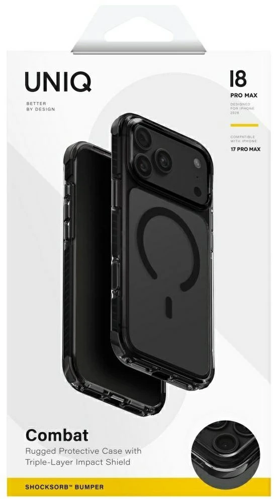 Dėklas UNIQ Combat, skirtas iPhone 18 Pro Max / 17 Pro Max, su Magclick Charging funkcija, juodos spalvos