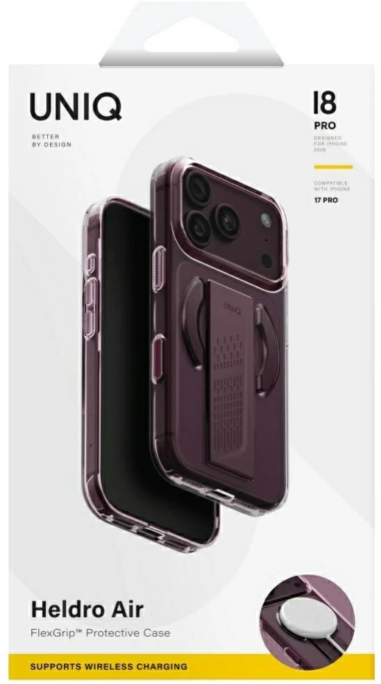 Dėklas UNIQ Heldro Air, skirtas iPhone 18 Pro / 17 Pro, su Magclick Charging, burgundo spalvos