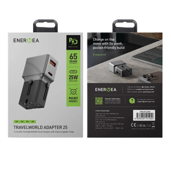 Adapteris Energea TravelWorld 1A1C 25W juodos spalvos, metalinis aprašymas - Prekės nuotrauka Adapteris Energea TravelWorld 1A1C 25W juodos spalvos, metalinis aprašymas - Prekės nuotrauka