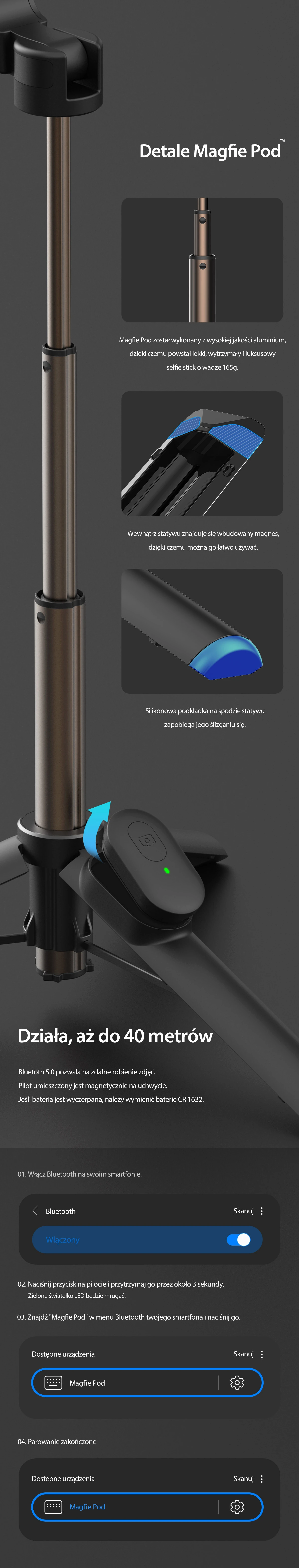 Araree Selfie Stick Bluetooth Magfie Pod juoda/juodas MagSafe Tripod AR60-01727A aprašymas - Prekės nuotrauka