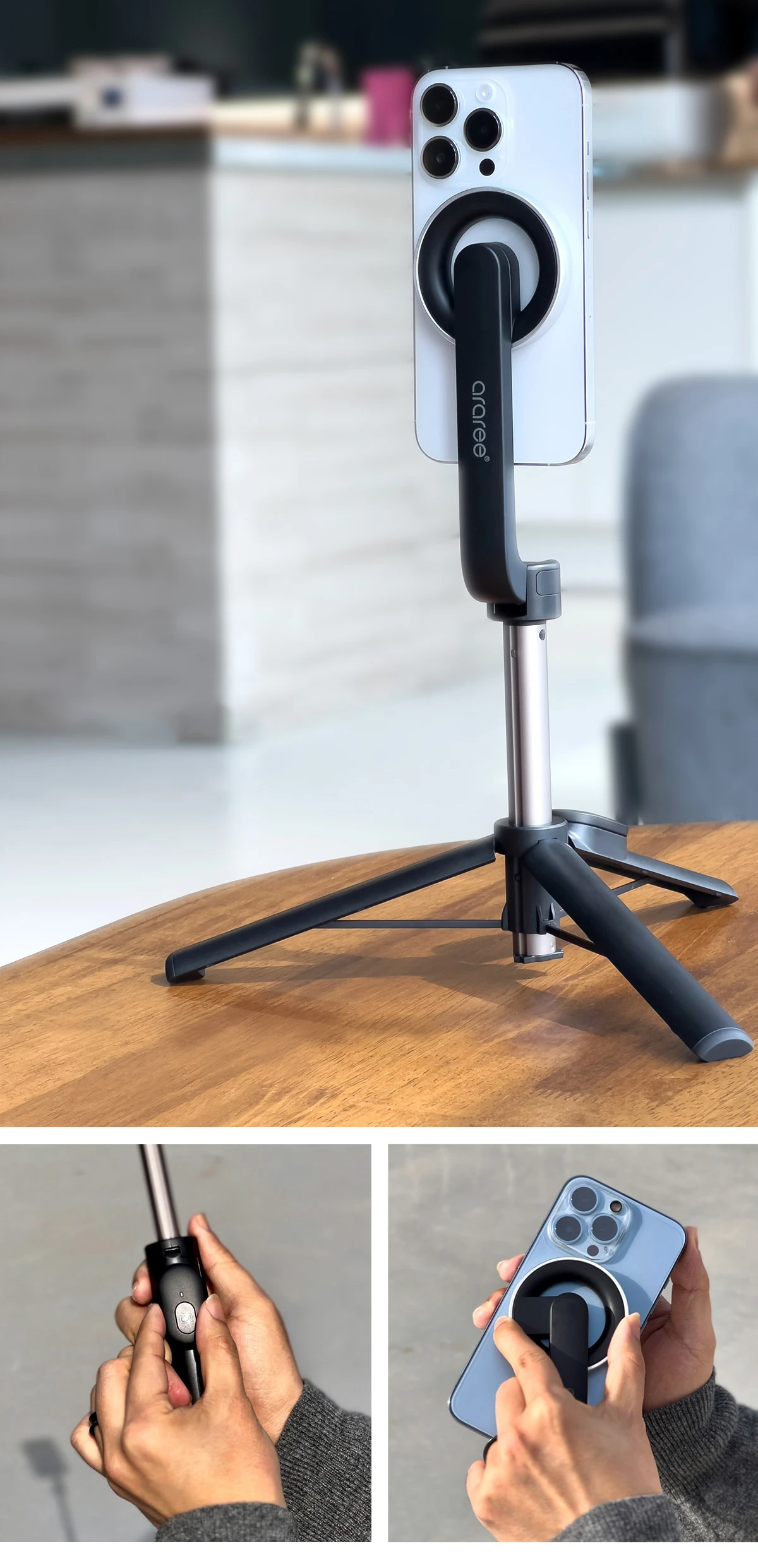 Araree Selfie Stick Bluetooth Magfie Pod mėlyna/mėlynas MagSafe Tripod AR60-01727C aprašymas - Prekės nuotrauka