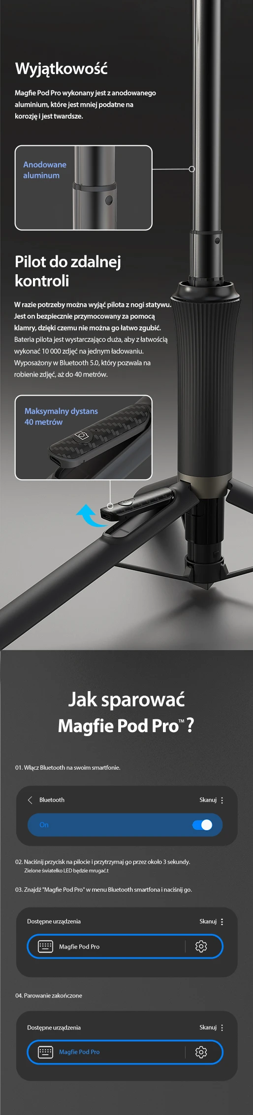 Araree Selfie Stick Bluetooth Magfie PodPro juoda/juodas MagSafe Tripod AR60-01909A aprašymas - Prekės nuotrauka