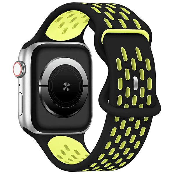 Beline apyrankė Apple Watch New Sport silikoninė 42/44/45/49mm juodos ir geltonos spalvos box aprašymas - Prekės nuotrauka