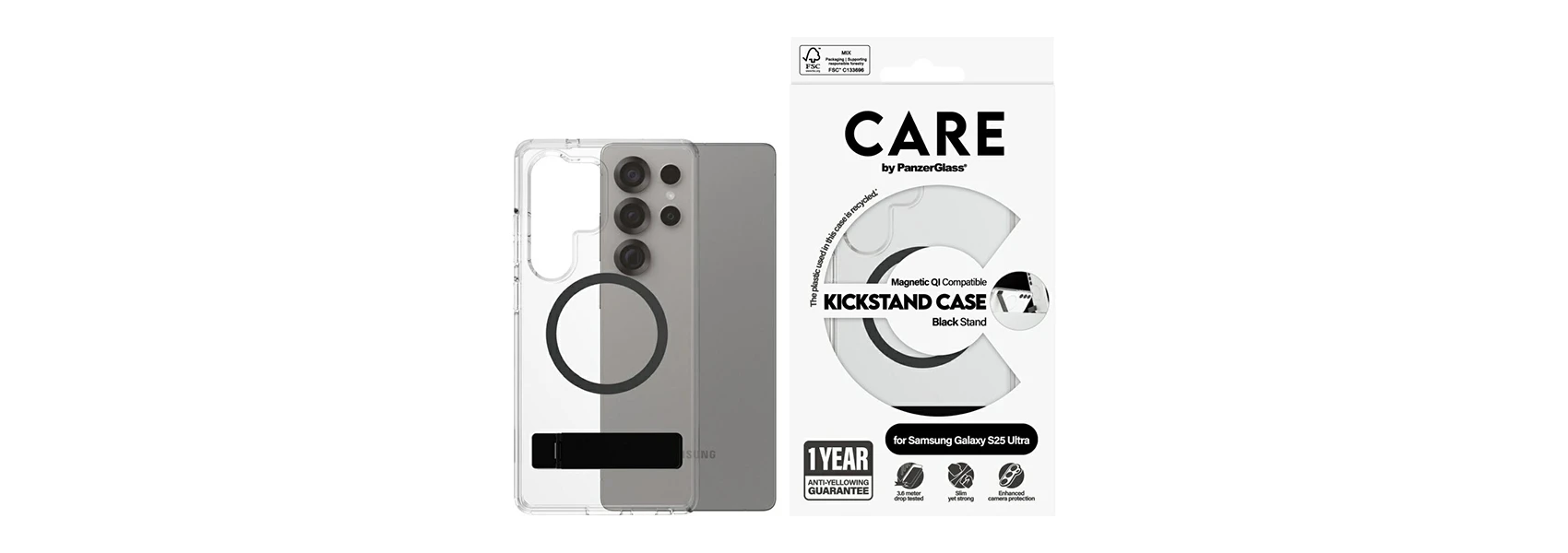 Dėklas Panzer Glass CARE by PanzerGlass Feature Juodas Kickstand & QI Samsung Galaxy S25 Ultra skaidrus aprašymas - Prekės nuotrauka