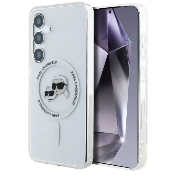 Karl Lagerfeld Button Karl & Choupette Heads Printed Logo MagSafe Samsung Galaxy S25 dėklas telefonui baltos spalvos aprašymas - Prekės nuotrauka