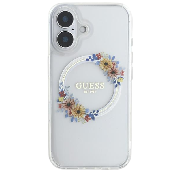Guess GUHMP16MHFWFCT Apple iPhone 16 Plus 6.7″ skaidrus kietas dėklas IML Flowers Wreath MagSaf aprašymas - Prekės nuotrauka Guess GUHMP16MHFWFCT Apple iPhone 16 Plus 6.7″ skaidrus kietas dėklas IML Flowers Wreath MagSaf aprašymas - Prekės nuotrauka