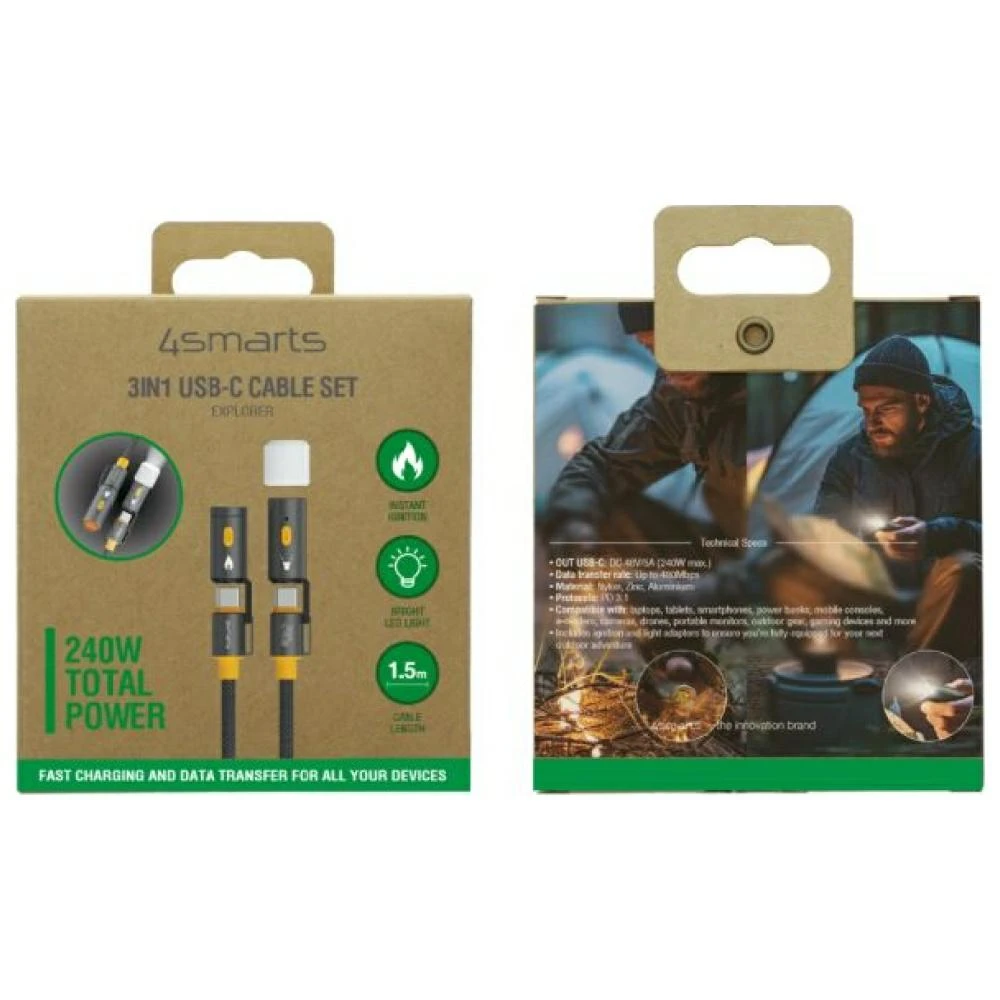 Kabelis USB-C 4smarts Explorer 3w1 240W 1.5m juoda aprašymas - Prekės nuotrauka
