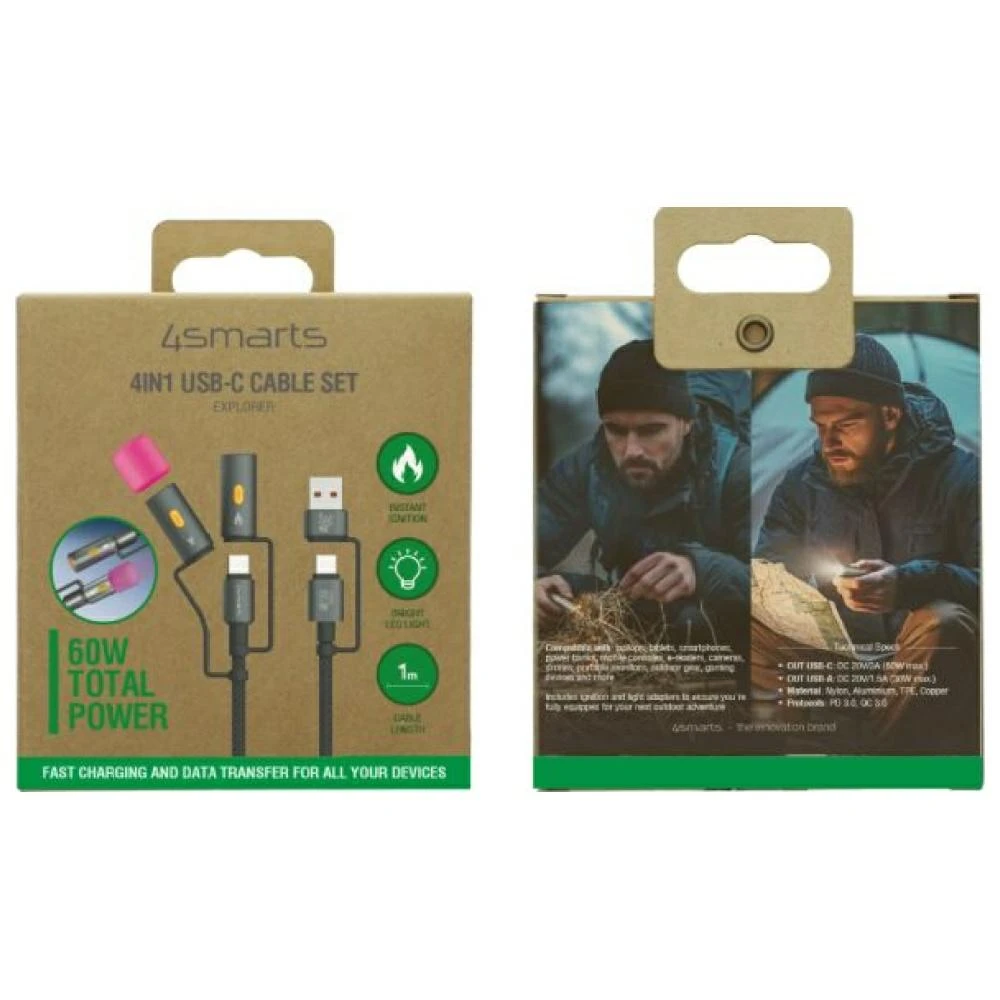 4Smarts 4in1 USB-C Cable Set Explorer 60W 1m juodas aprašymas - Prekės nuotrauka 4Smarts 4in1 USB-C Cable Set Explorer 60W 1m juodas aprašymas - Prekės nuotrauka