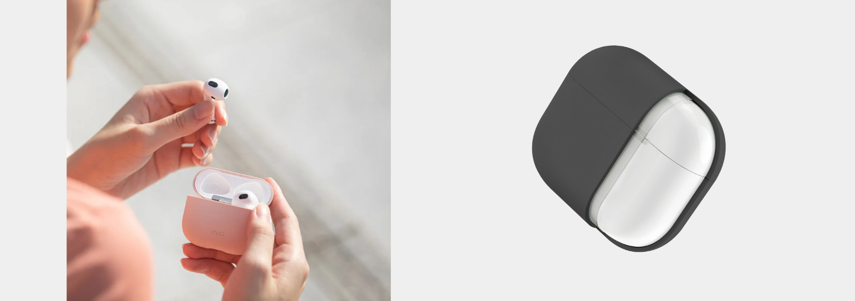 UNIQ Dėklas Lino AirPods 4 Silicone pelenų pilkumo spalvos aprašymas - Prekės nuotrauka