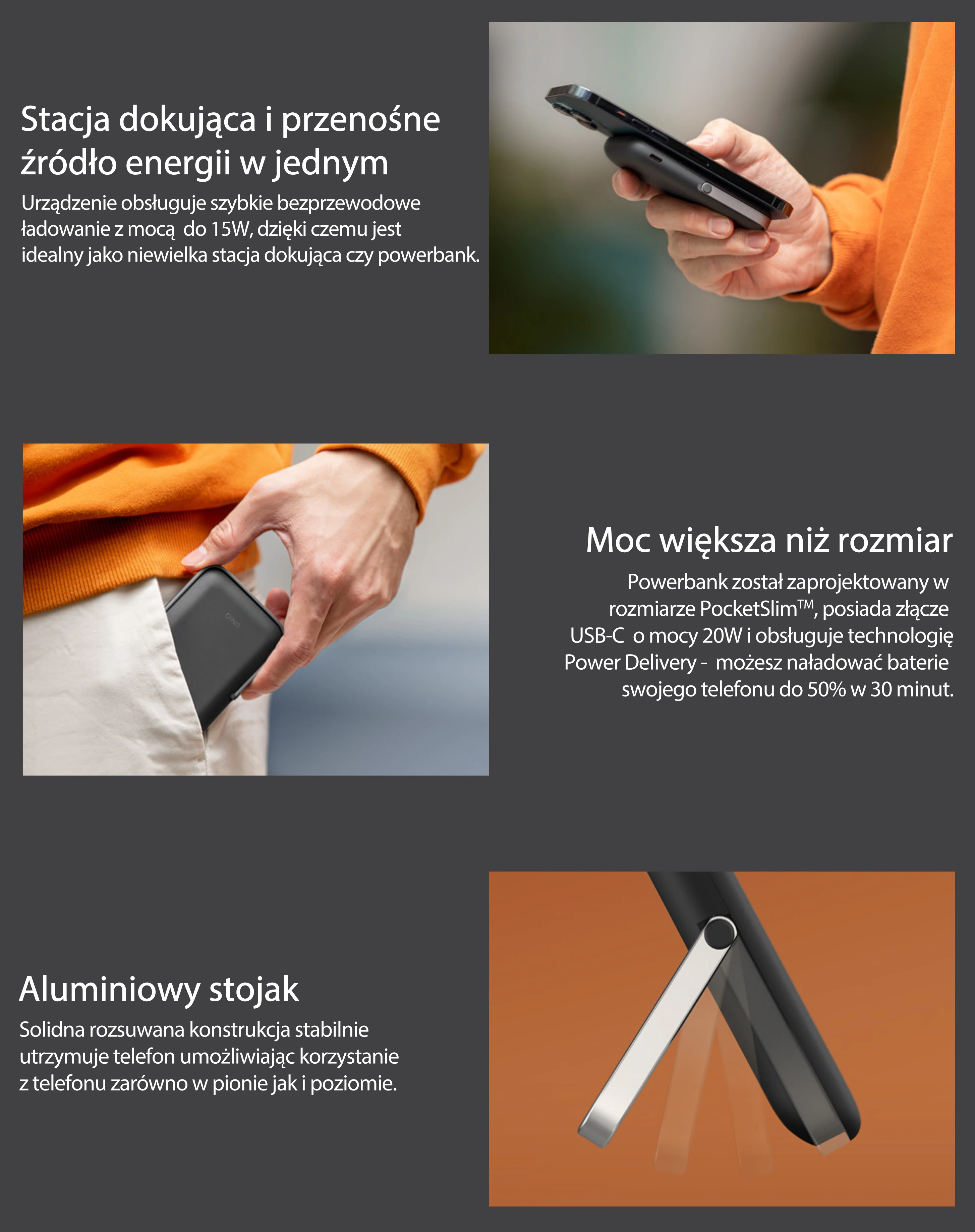 UNIQ Powerbank Hoveo 5000mAh USB-C 20WPD Fast charge Wireless Magnetic šviesiai pilkas/chalk pilkas aprašymas - Prekės nuotrauka