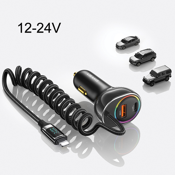 USAMS automobilinis įkroviklis C37 1xUSB+1xUSB-C 60W + kabelis Ligtning 30W PD+QC Fast Charge juodos spalvos CC193CC01 (US-CC193) aprašymas - Prekės nuotrauka USAMS automobilinis įkroviklis C37 1xUSB+1xUSB-C 60W + kabelis Ligtning 30W PD+QC Fast Charge juodos spalvos CC193CC01 (US-CC193) aprašymas - Prekės nuotrauka