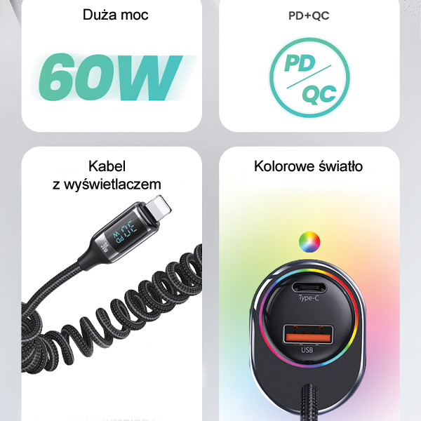 USAMS automobilinis įkroviklis C37 1xUSB+1xUSB-C 60W + kabelis Ligtning 30W PD+QC Fast Charge juodos spalvos CC193CC01 (US-CC193) aprašymas - Prekės nuotrauka USAMS automobilinis įkroviklis C37 1xUSB+1xUSB-C 60W + kabelis Ligtning 30W PD+QC Fast Charge juodos spalvos CC193CC01 (US-CC193) aprašymas - Prekės nuotrauka