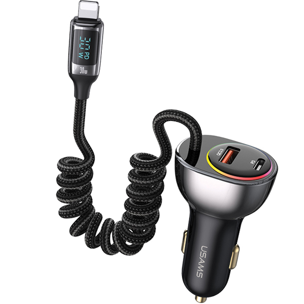 USAMS automobilinis įkroviklis C37 1xUSB+1xUSB-C 60W + kabelis Ligtning 30W PD+QC Fast Charge juodos spalvos CC193CC01 (US-CC193) aprašymas - Prekės nuotrauka USAMS automobilinis įkroviklis C37 1xUSB+1xUSB-C 60W + kabelis Ligtning 30W PD+QC Fast Charge juodos spalvos CC193CC01 (US-CC193) aprašymas - Prekės nuotrauka