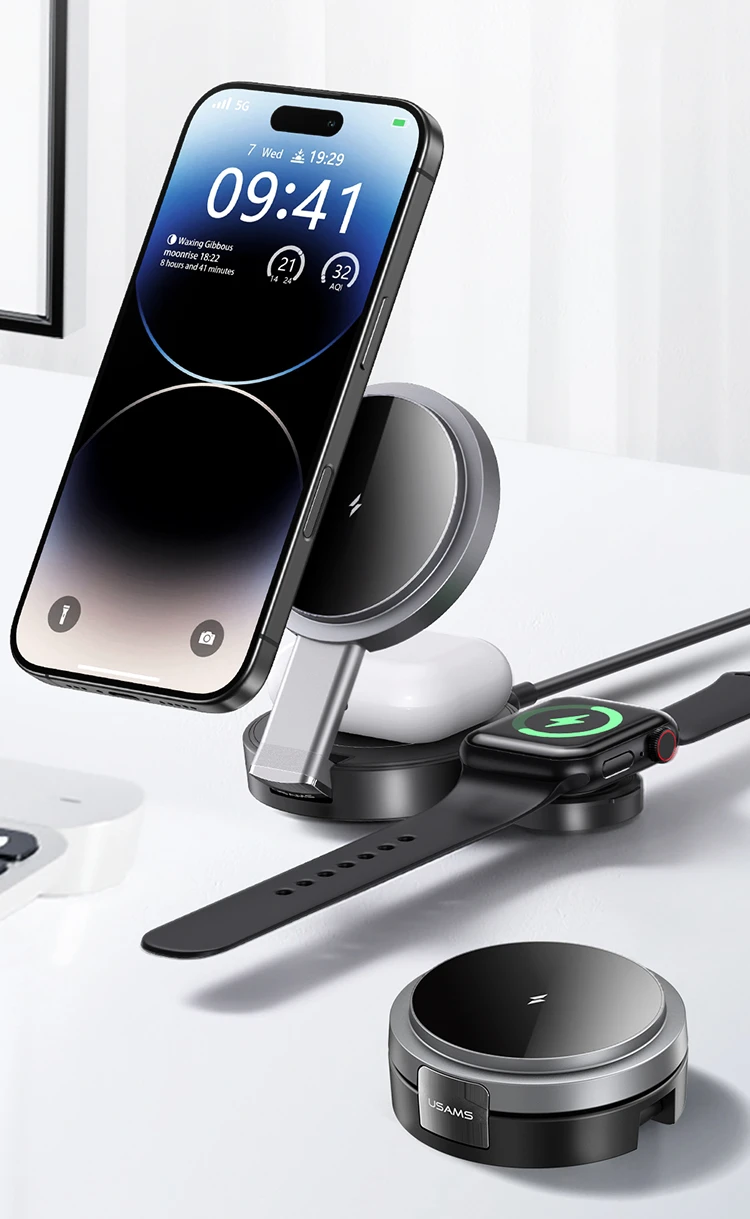 USAMS sulankstomas indukcinis įkroviklis 3in1 15W Apple iPhone + Watch + AirPods CD234WXC01 (US-CD234) aprašymas - Prekės nuotrauka