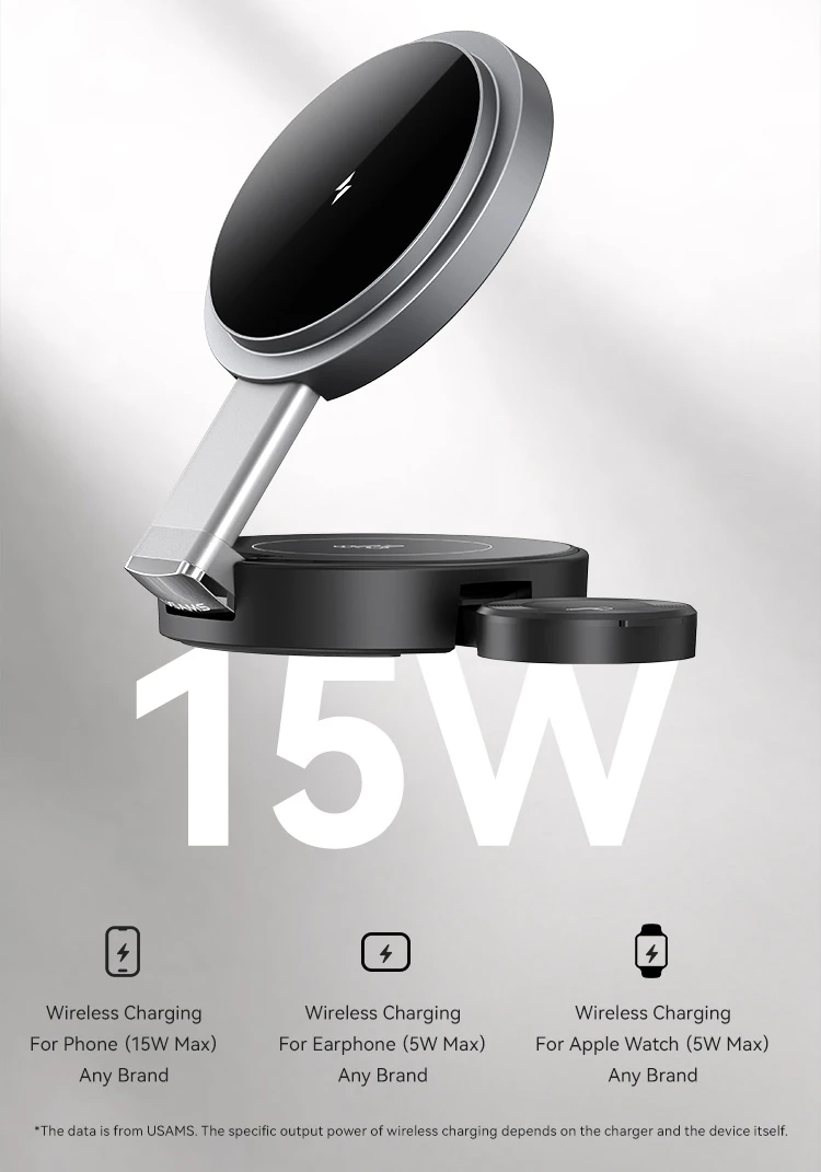 USAMS sulankstomas indukcinis įkroviklis 3in1 15W Apple iPhone + Watch + AirPods CD234WXC01 (US-CD234) aprašymas - Prekės nuotrauka