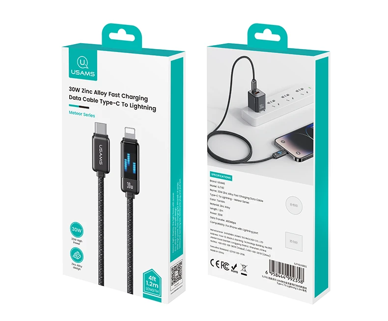 USAMS Kabelis USB-C į Lightning 30W 1.2m cinko lydinio greito įkrovimo duomenų kabelis Meteor Series SJ743USB02 (US-SJ743) aprašymas - Prekės nuotrauka