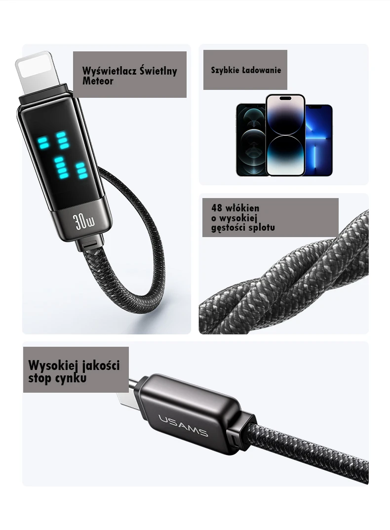 USAMS Kabelis USB-C į Lightning 30W 1.2m cinko lydinio greito įkrovimo duomenų kabelis Meteor Series SJ743USB02 (US-SJ743) aprašymas - Prekės nuotrauka