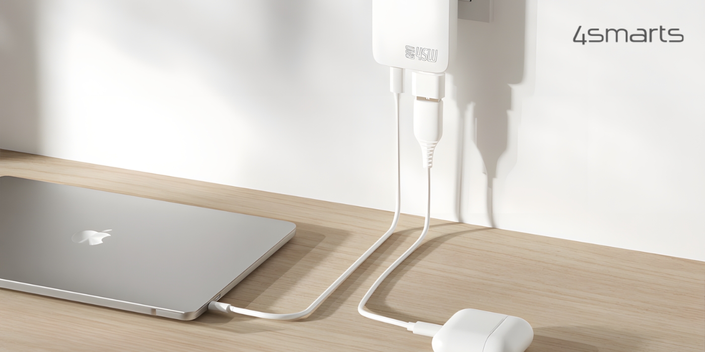4smarts FlatPlug SlimDual 45W GaN 2xUSB-C balta aprašymas - Prekės nuotrauka 4smarts FlatPlug SlimDual 45W GaN 2xUSB-C balta aprašymas - Prekės nuotrauka