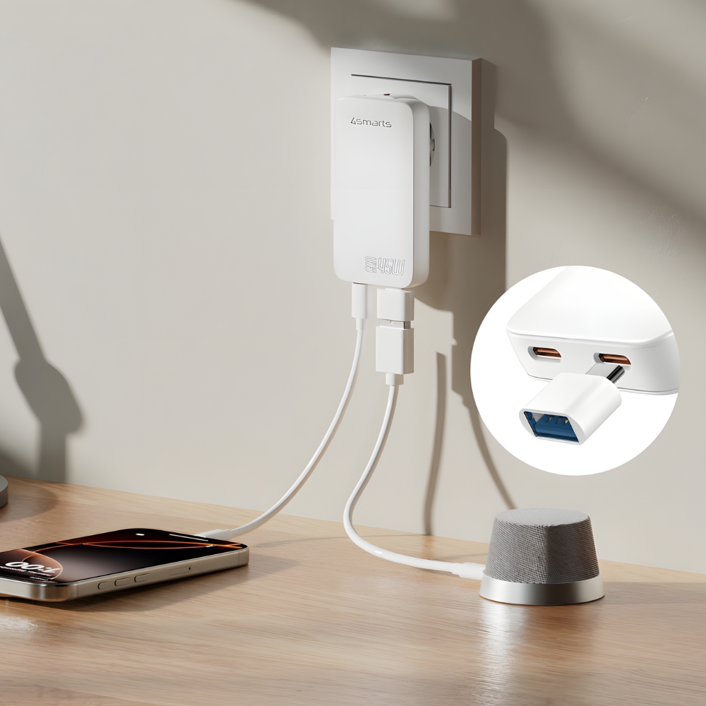 4smarts FlatPlug SlimDual 45W GaN 2xUSB-C balta aprašymas - Prekės nuotrauka 4smarts FlatPlug SlimDual 45W GaN 2xUSB-C balta aprašymas - Prekės nuotrauka