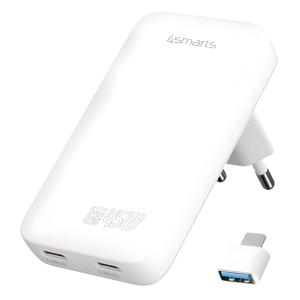 4smarts FlatPlug SlimDual 45W GaN 2xUSB-C balta aprašymas - Prekės nuotrauka 4smarts FlatPlug SlimDual 45W GaN 2xUSB-C balta aprašymas - Prekės nuotrauka
