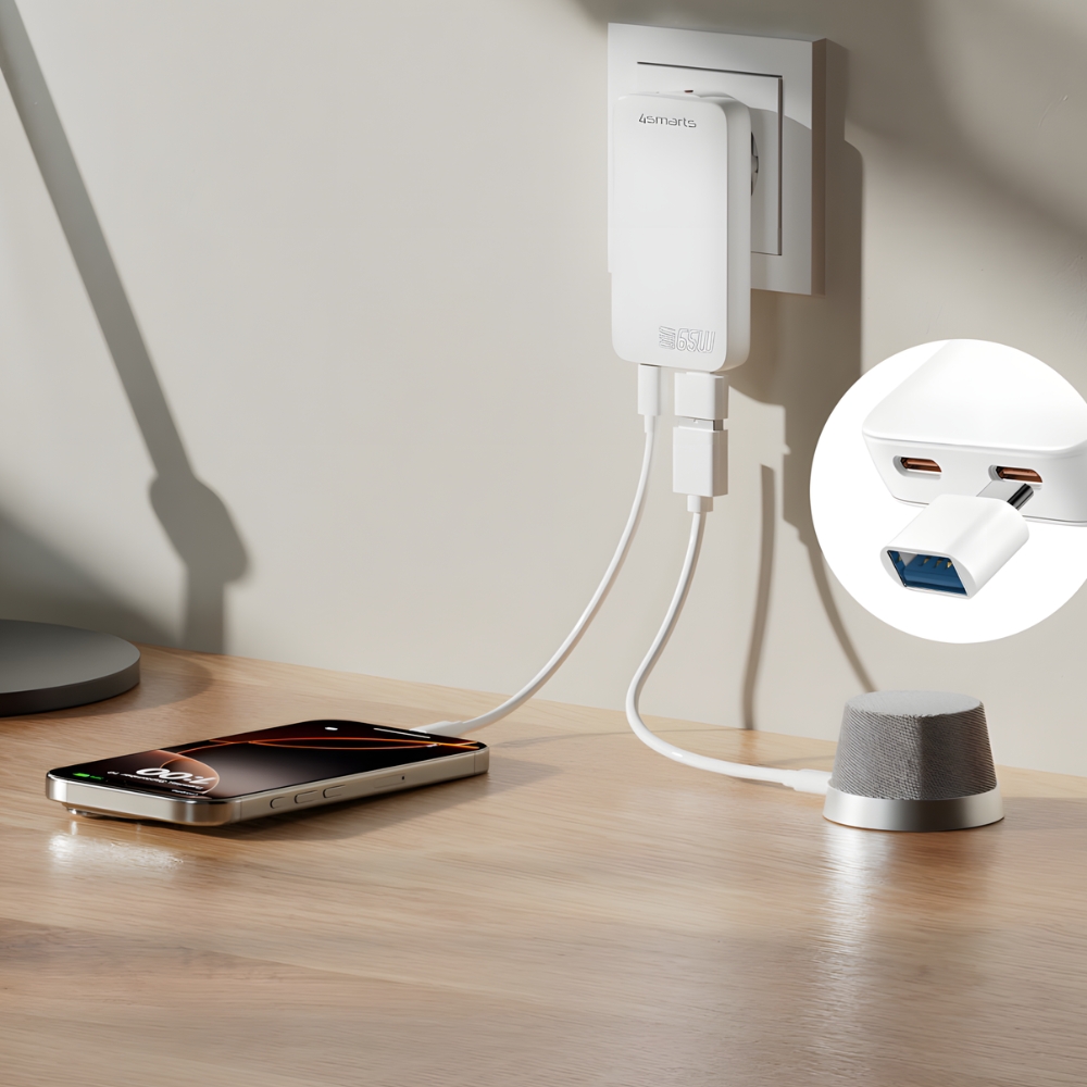 4smarts FlatPlug SlimDual 65W GaN 2xUSB-C balta aprašymas - Prekės nuotrauka 4smarts FlatPlug SlimDual 65W GaN 2xUSB-C balta aprašymas - Prekės nuotrauka
