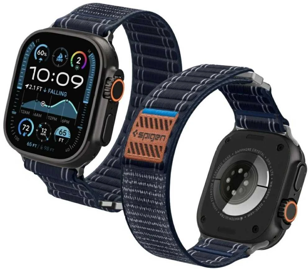 „Spigen Fabric Band“ apyrankė su lipdukais ir kilpelėmis, tamsiai mėlyna - „Apple Watch 49mm/46mm/45mm/44mm“