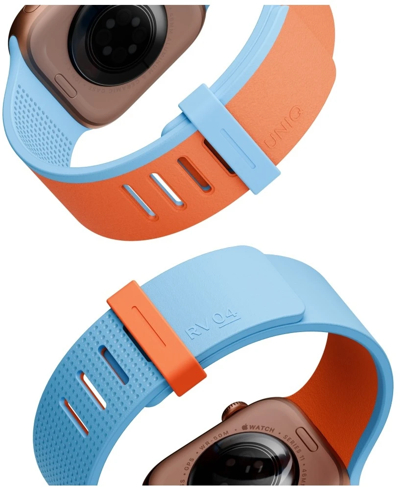 Dirželis UNIQ Revix IV Reversible Magnetic do Apple Watch Series 1/2/3/4/5/6/7/8/9/10/11/12SE/SE2/SE3 40/41/42mm oranžinė-mėlyna