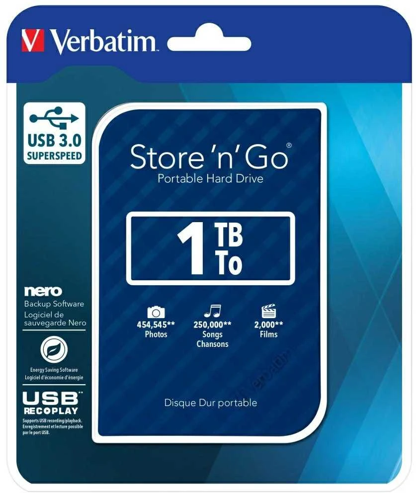„Verbatim“ išorinis kietasis diskas, „Store n Go“, 2,5 colio, USB 3.0 (3.2 Gen 1), 1 TB, 53200, mėlynas