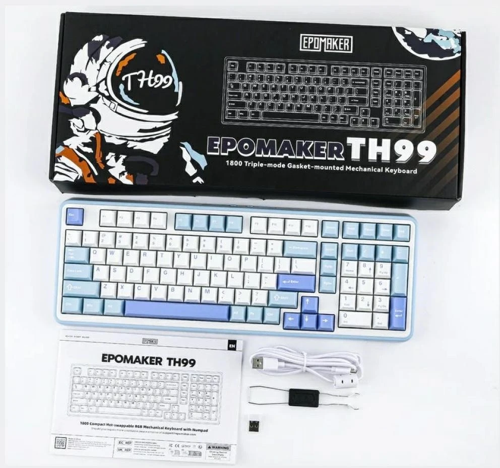 Belaidė mechaninė žaidimų klaviatūra EPOMAKER TH99 96%, RGB, 2.4 GHz/BT/USB-C, 10000 mAh, Mėlynos ir baltos spalvos