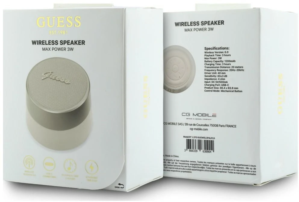 „Guess Script“ metalinis logotipas su „Bluetooth“ garsiakalbiu, 5 W, auksinė