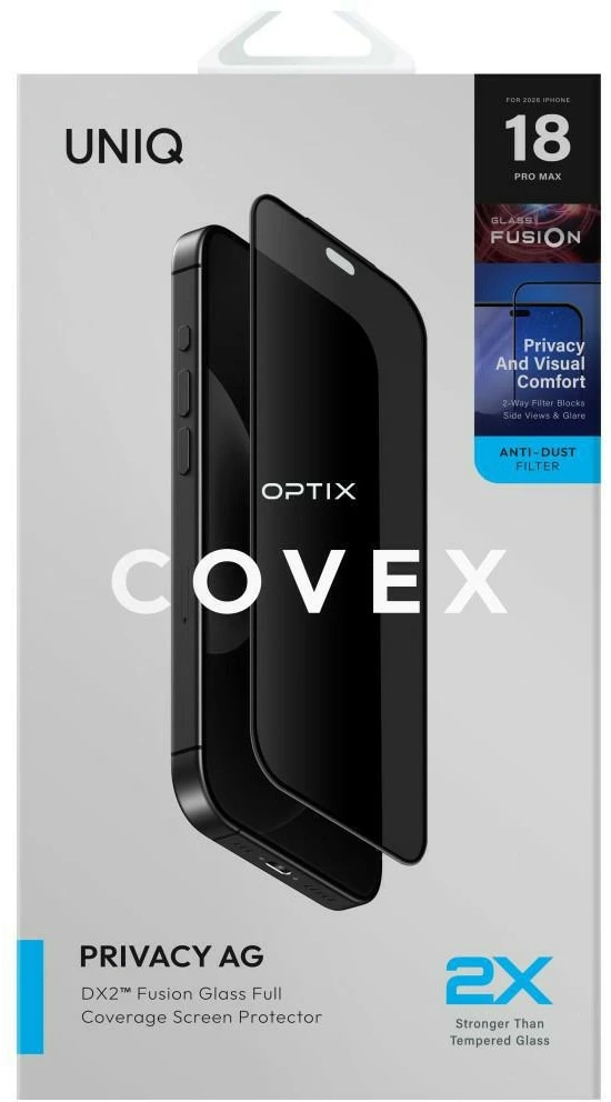 Grūdintas stiklas UNIQ Optix Covex Privacy AG DX2 do iPhone 18 Pro Max prywatyzujące