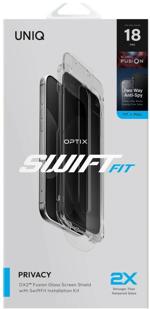 Privatumą saugantis stiklas UNIQ Optix SwiftFit Privacy DX2, skirtas iPhone 18 Pro su aplikatoriumi
