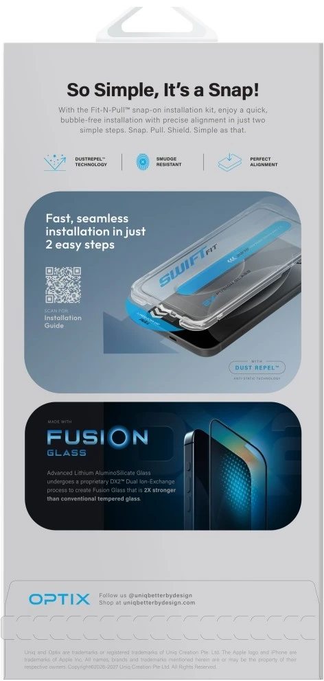 Grūdintas stiklas UNIQ Optix SwiftFit Vivid DX2, skirtas iPhone 18 Pro su aplikatoriumi