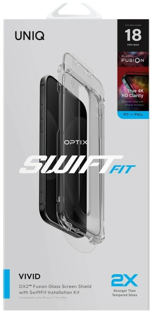 Grūdintas stiklas UNIQ Optix SwiftFit Vivid DX2, skirtas iPhone 18 Pro Max su aplikatoriumi