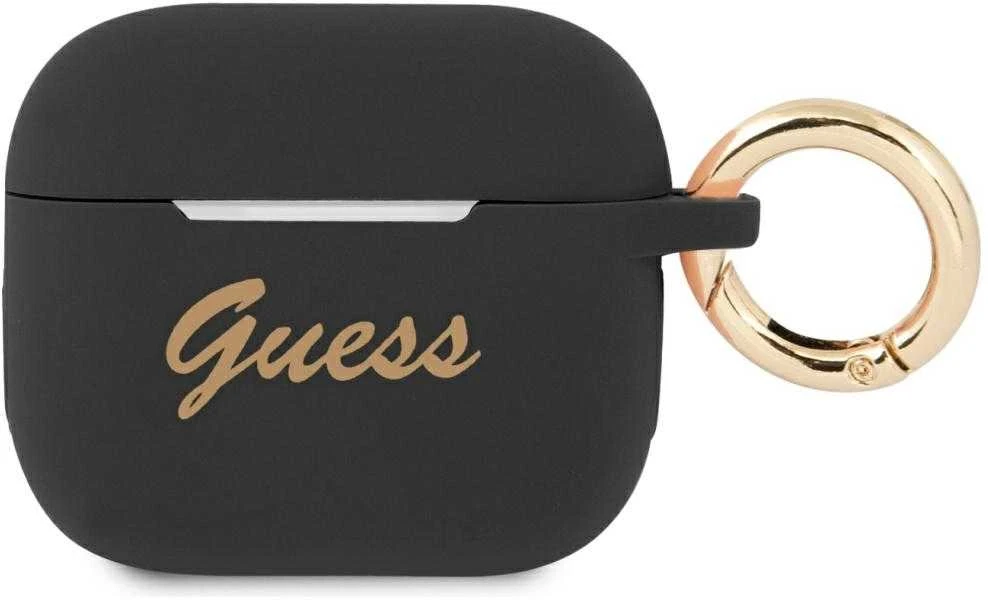 Guess Apsauginis dėklas GUA3SSSK silikoninis Vintage Script, skirtas AirPods 3 juodas