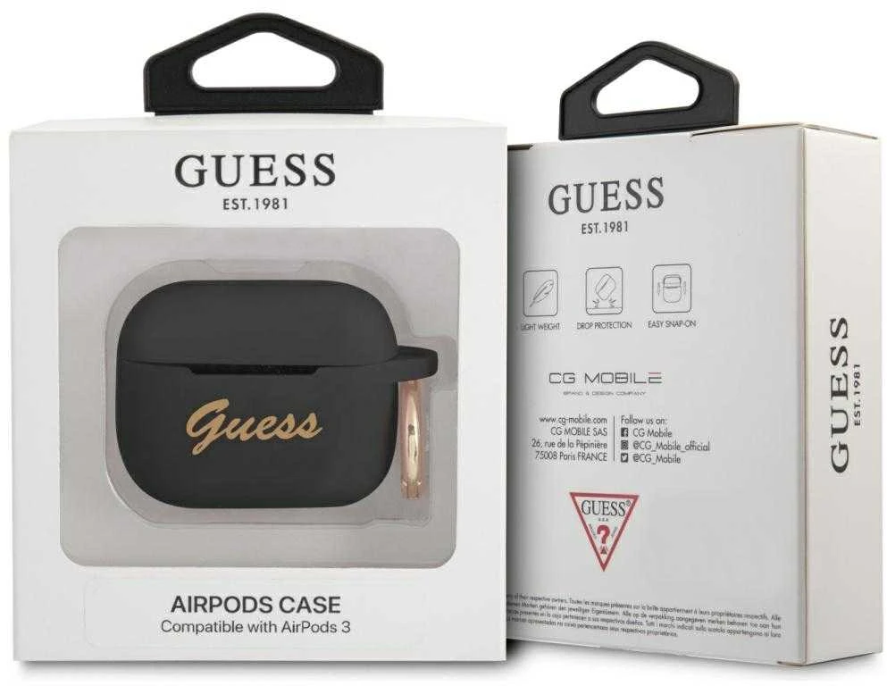 Guess Apsauginis dėklas GUA3SSSK silikoninis Vintage Script, skirtas AirPods 3 juodas