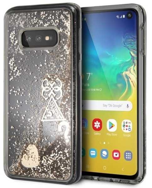 „Guess“ kietas dėklas „Samsung Galaxy S10e“ auksinei/blizgančioms širdelėms