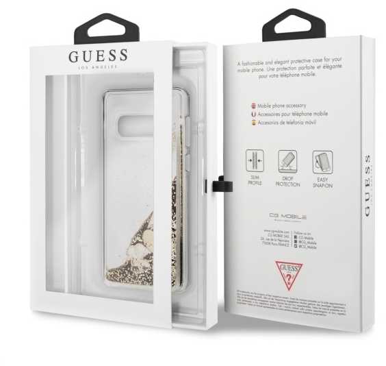 „Guess“ kietas dėklas „Samsung Galaxy S10e“ auksinei/blizgančioms širdelėms